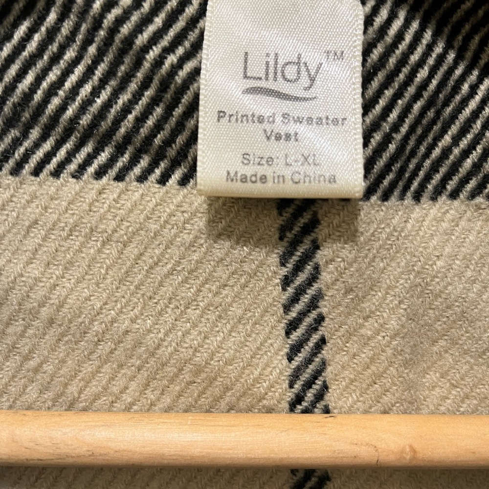 LILDY PLAID BEIGE AND BLACK FRINGED OPEN FRONT WATERFALL CARDIGAN VEST SZ L/XL - Picture 2 of 11